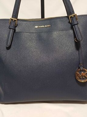 Michael Kors Navy Saffiano Leather Satchel with Gold Hardware